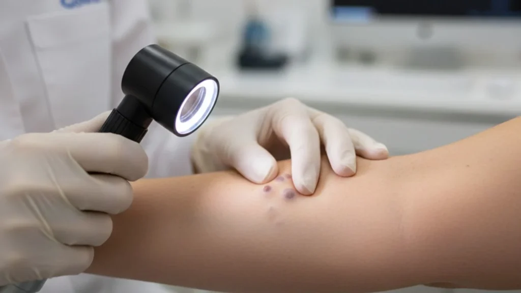 Dermatologist checking moles during routine skin cancer screening