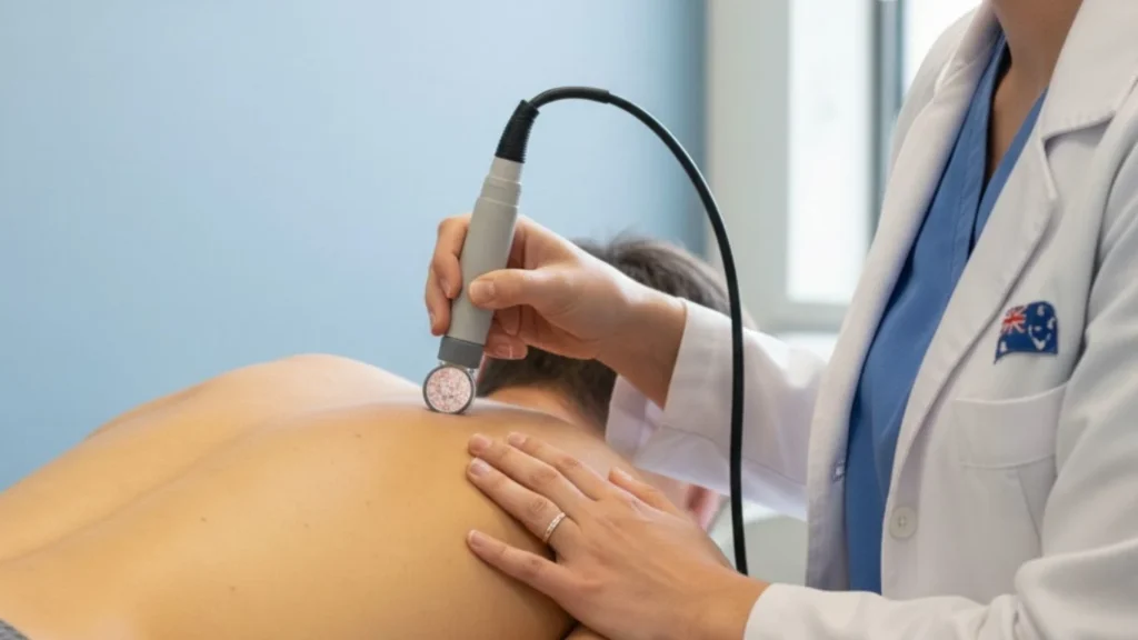 Dermatologist using dermatoscope during skin cancer screening