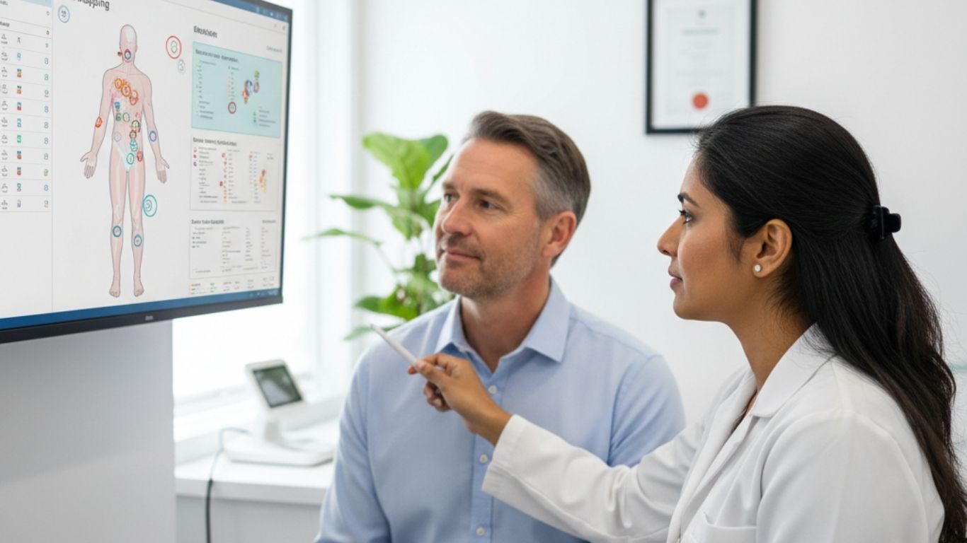 Patient consulting skin cancer specialist in clinic