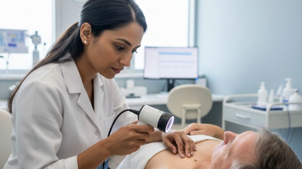 Skin cancer specialist examining patient’s skin with dermatoscope