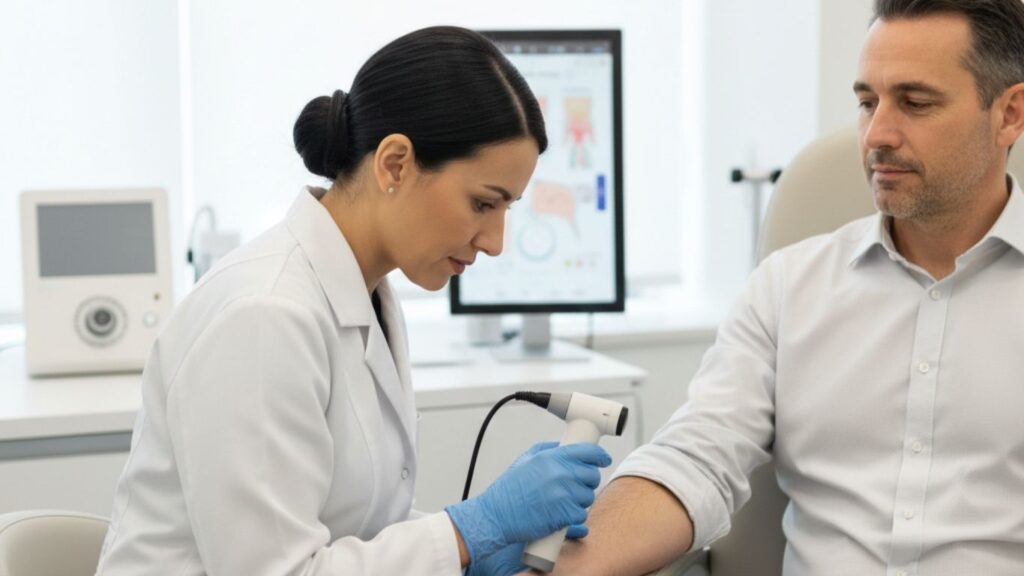Skin cancer specialist performing professional skin examination in clinic