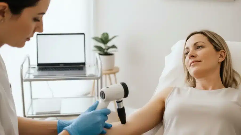 Canberra doctor performing a full-body skin check on an adult patient in a bright clinical room