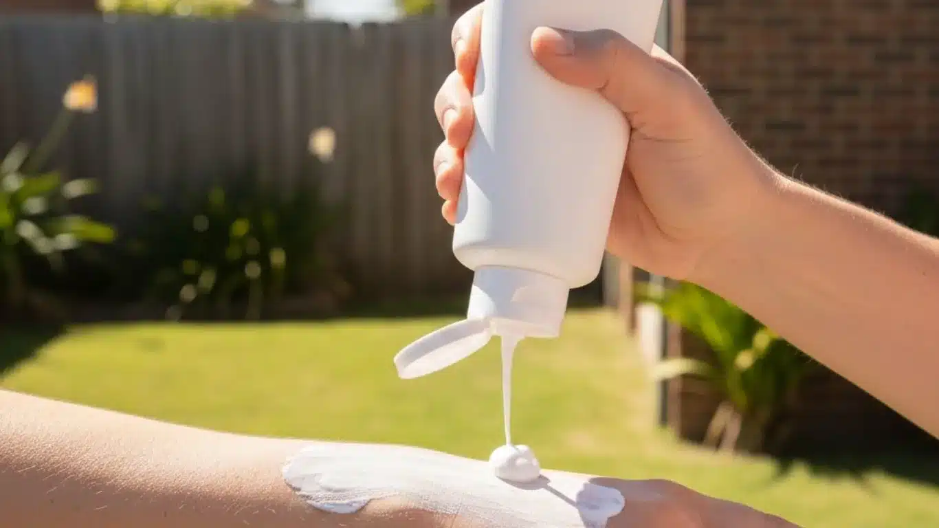 Canberra resident applying sunscreen outdoors under strong Australian sunlight
