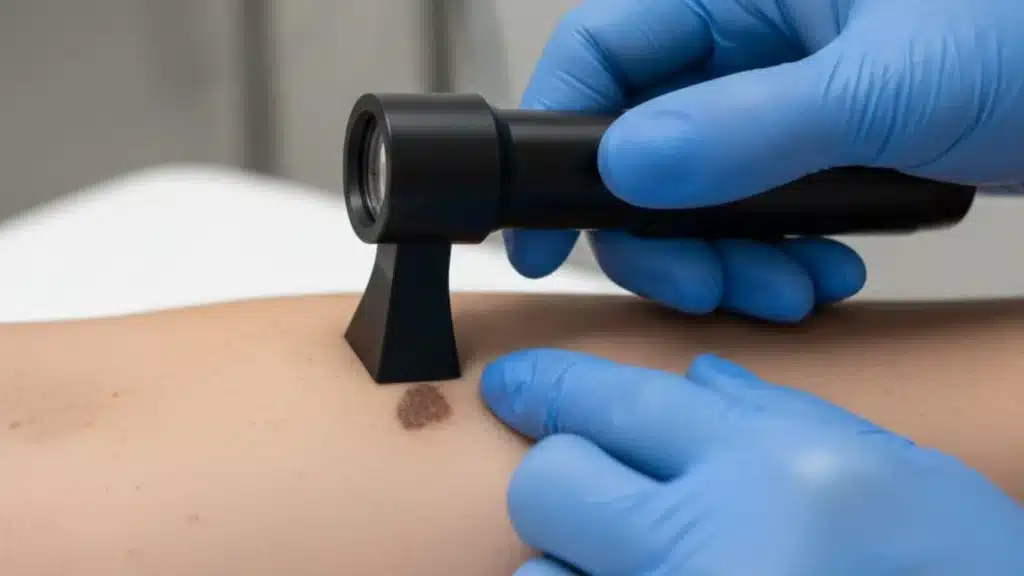 Close-up dermatoscope examination of a mole during professional skin cancer screening