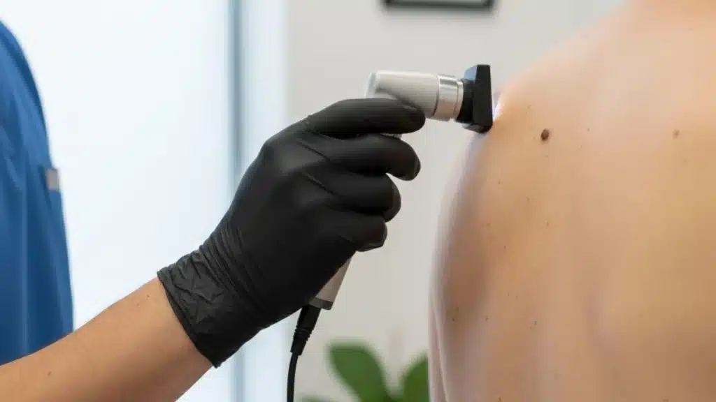 Dermatologist performing a professional skin check to assess changing moles