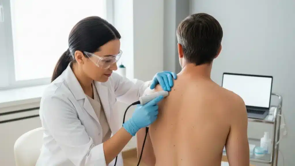 Doctor performing a full skin check in a Canberra medical clinic