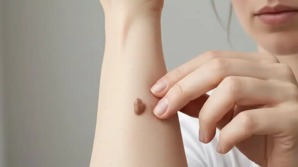 Early signs of skin cancer shown by a changing mole on the arm during self skin check