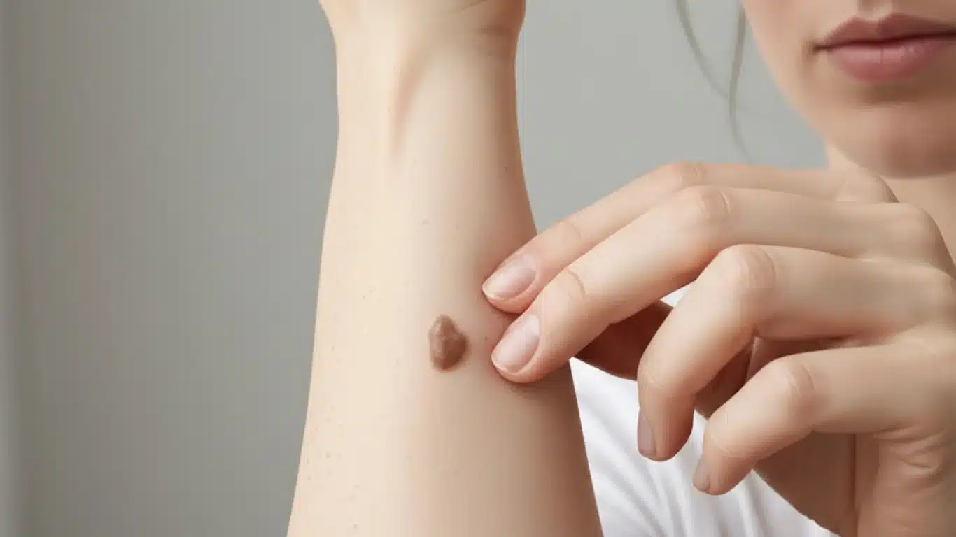 Early signs of skin cancer shown by a changing mole on the arm during self skin check