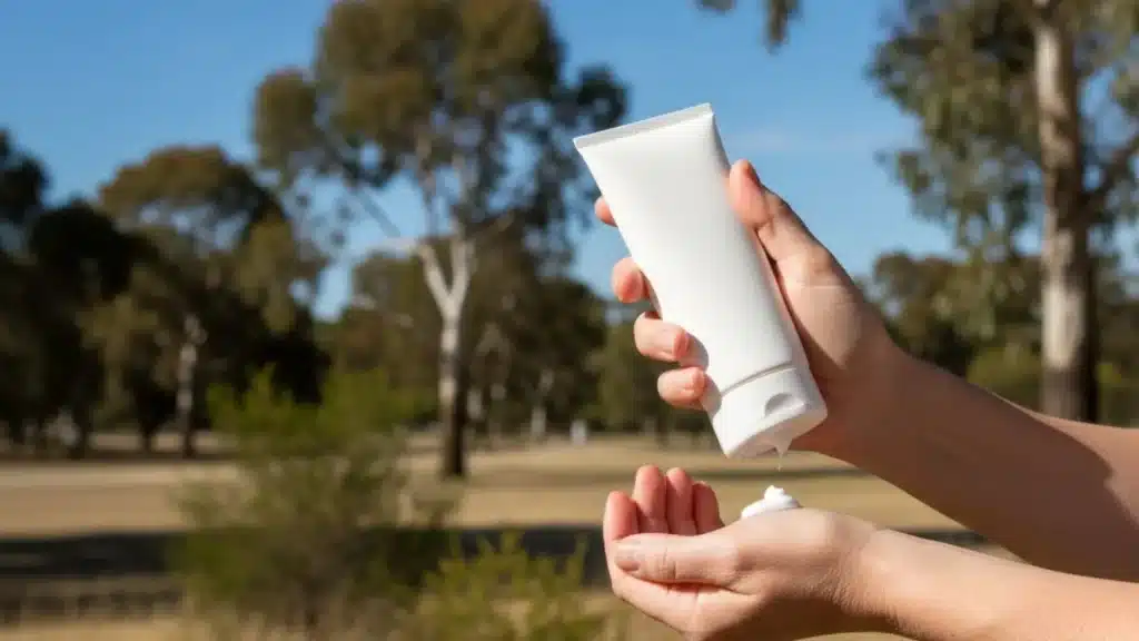 Person applying sunscreen correctly before outdoor sun exposure