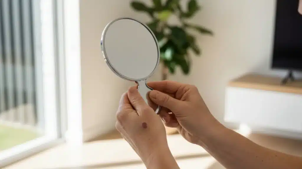 Person checking a changing mole on their arm for early signs of skin cancer