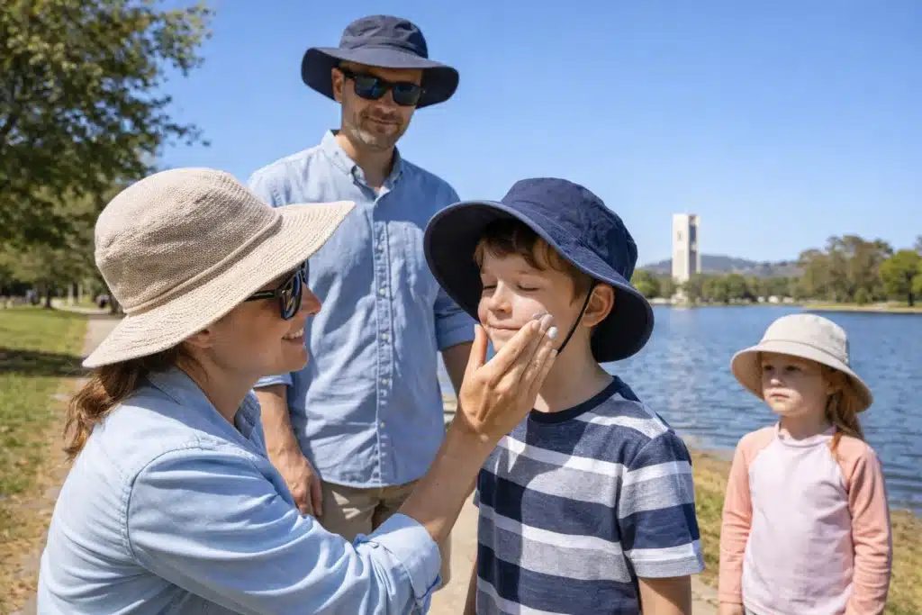 Family using sun protection near Lake Burley Griffin in Canberra to reduce skin cancer risk factors