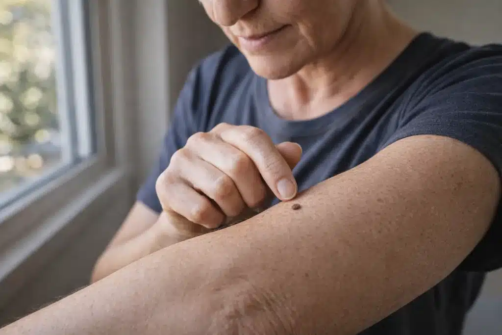 Adult checking mole at home to monitor early signs linked to skin cancer risk factors
